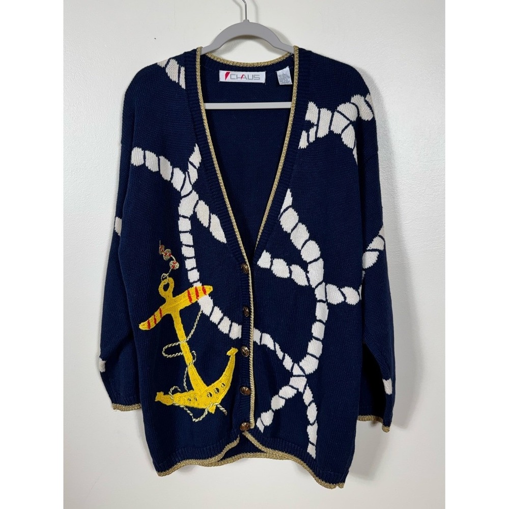 Vintage Chaus Nautical Anchor Rope Cardigan Sweater Jumper Large Chunky Coastal